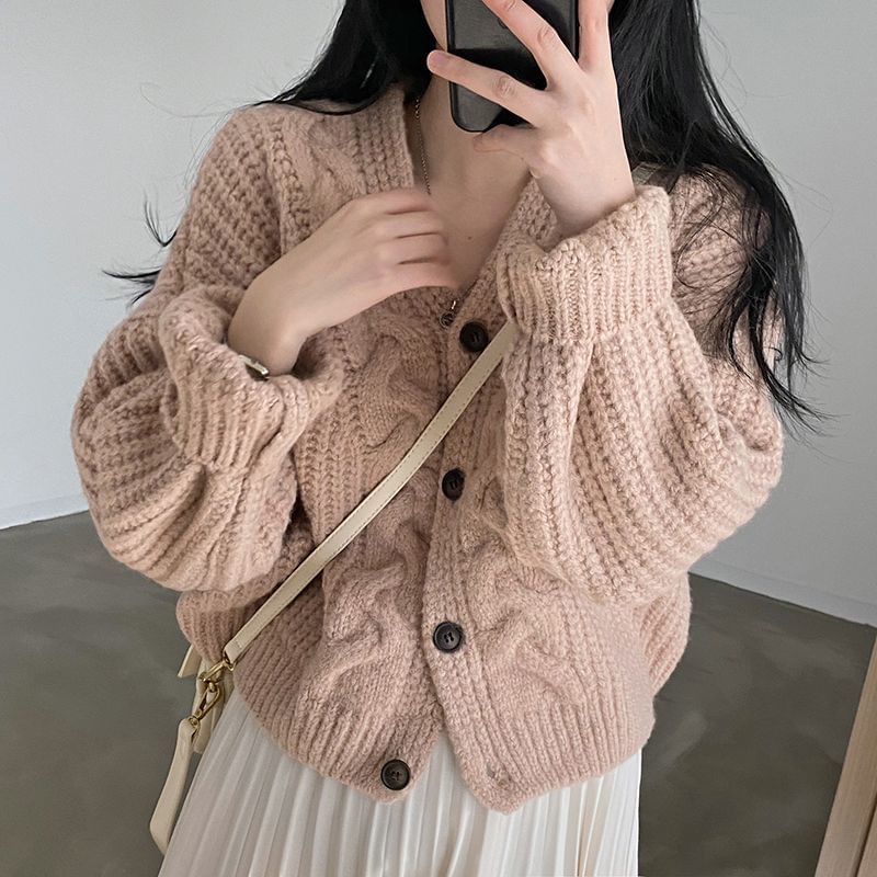 V-Neck Simple Chunky Knit Cardigan