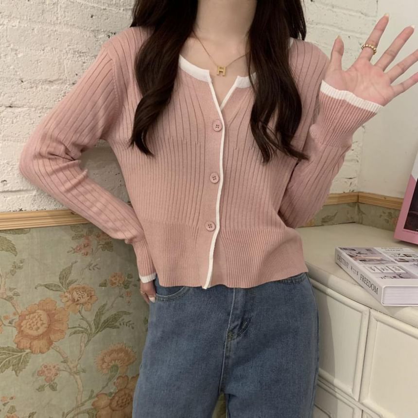 Notch Neck Solid Contrast Trim Ribbed Cardigan