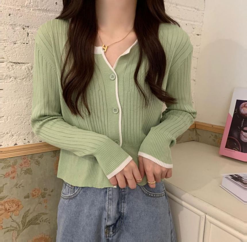 Notch Neck Solid Contrast Trim Ribbed Cardigan