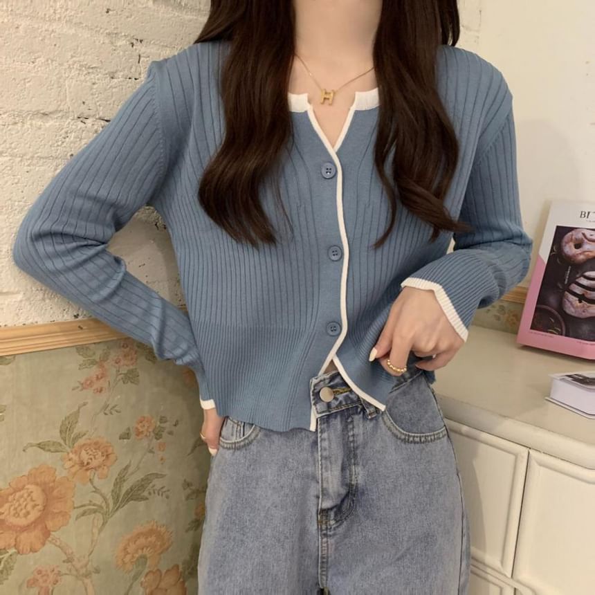 Notch Neck Solid Contrast Trim Ribbed Cardigan