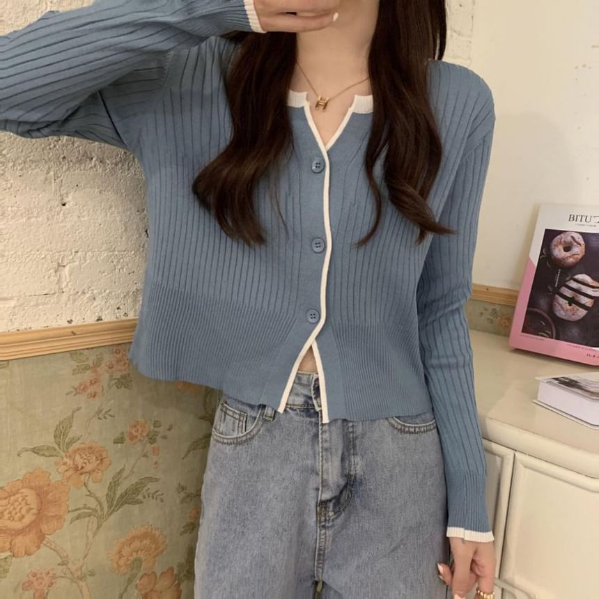 Notch Neck Solid Contrast Trim Ribbed Cardigan
