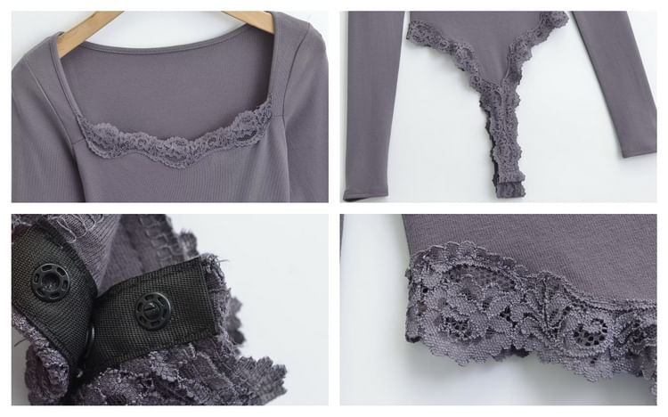 Boatneck Cutout Lace Trim Bodysuit
