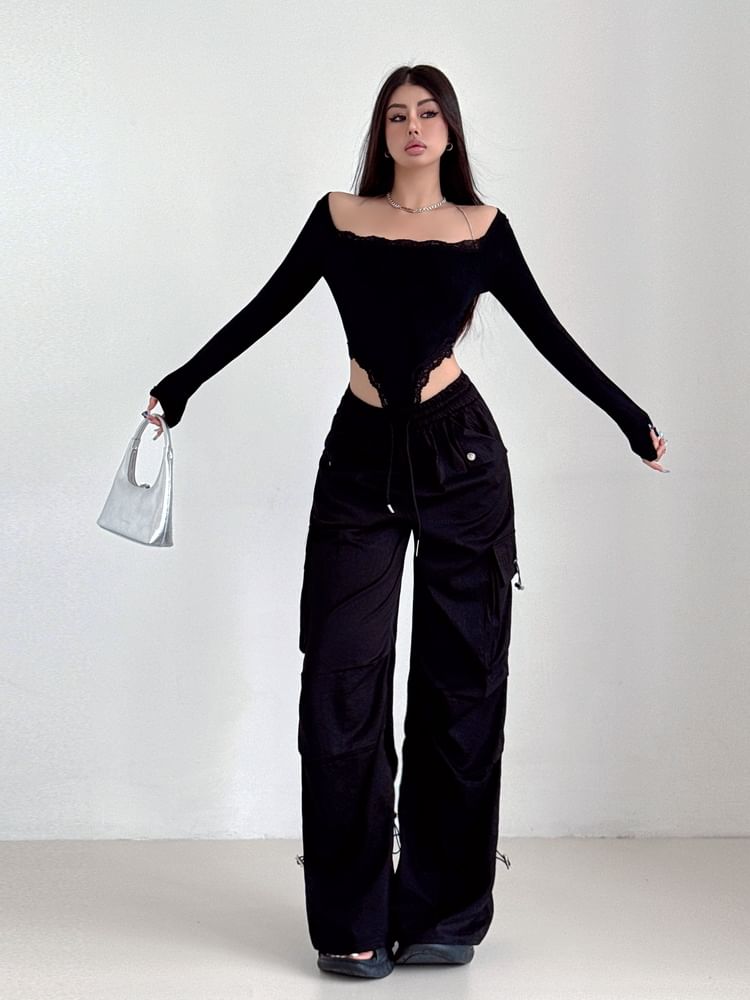 Boatneck Cutout Lace Trim Bodysuit