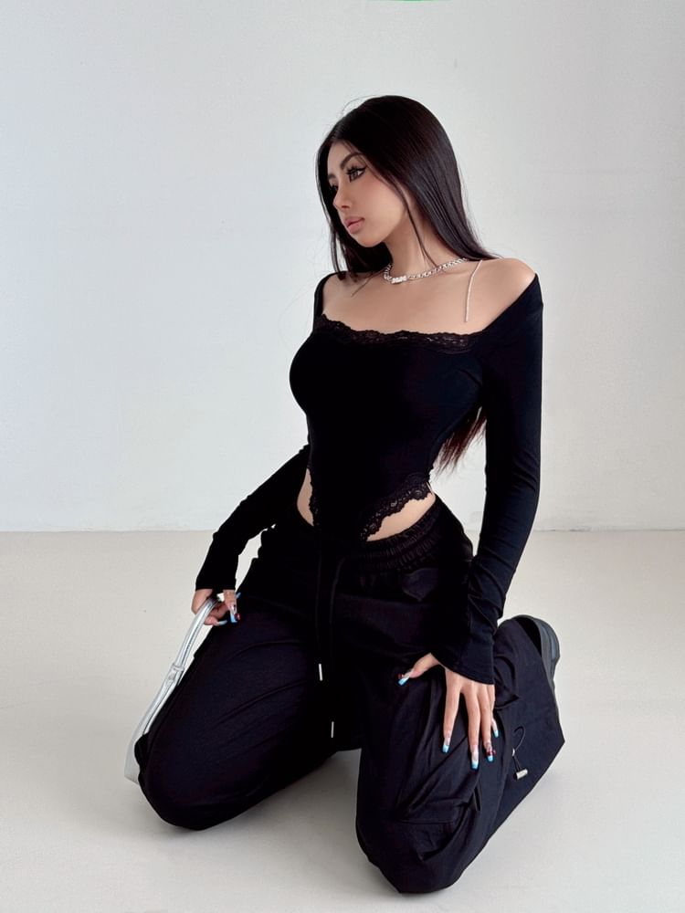 Boatneck Cutout Lace Trim Bodysuit