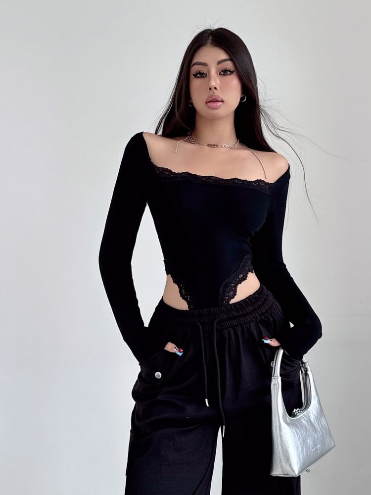 Boatneck Cutout Lace Trim Bodysuit