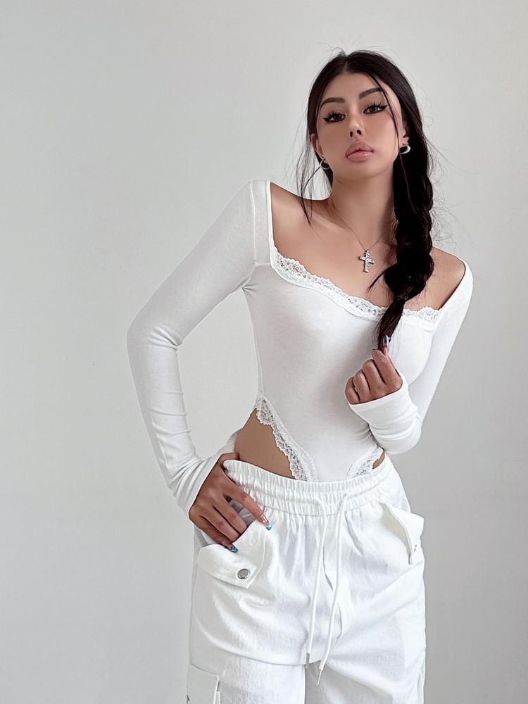 Boatneck Cutout Lace Trim Bodysuit