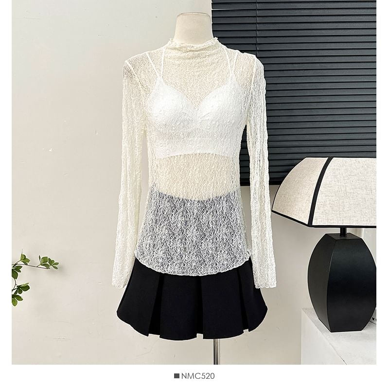 Sheer Mock Neck Lace Blouse