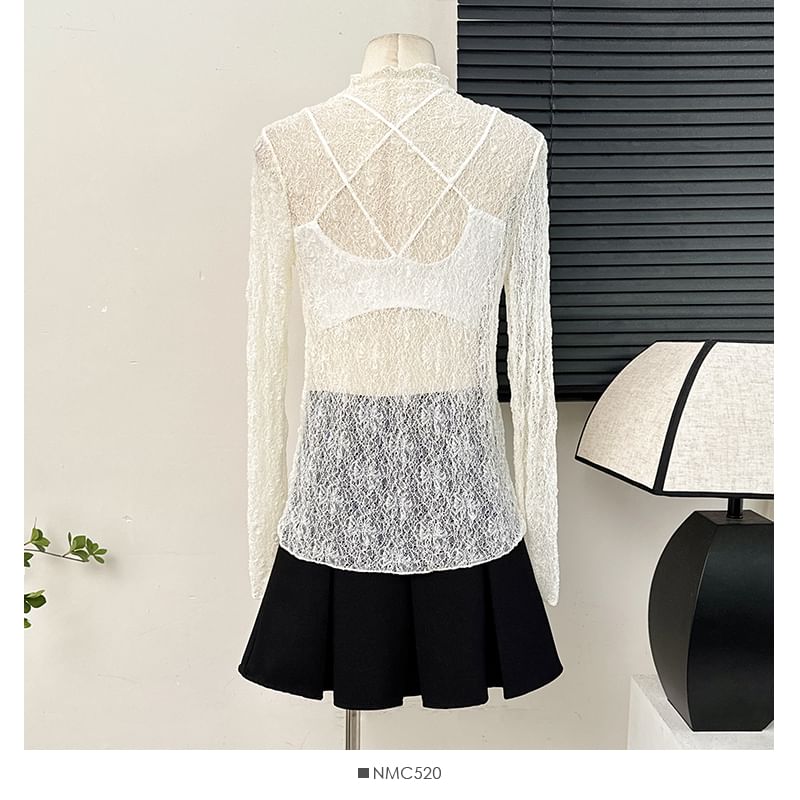 Sheer Mock Neck Lace Blouse