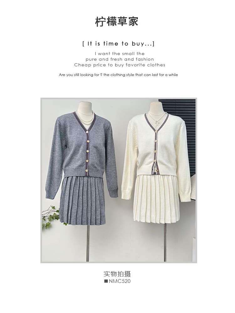 Set Striped V-Neck Crop Cardigan with Pleated A-Line Skirt