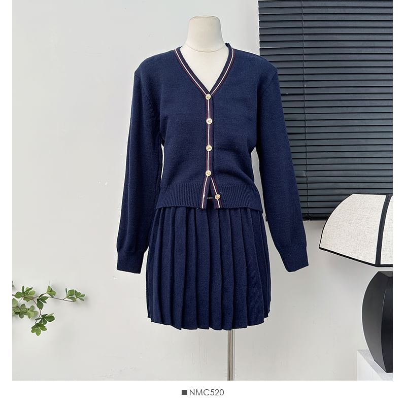 Set Striped V-Neck Crop Cardigan with Pleated A-Line Skirt