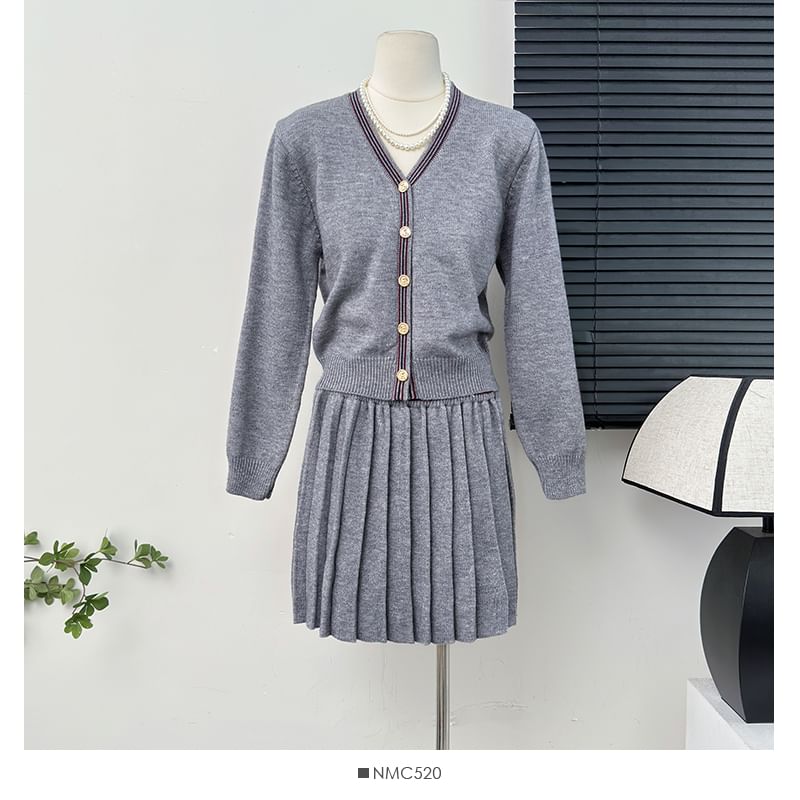 Set Striped V-Neck Crop Cardigan with Pleated A-Line Skirt