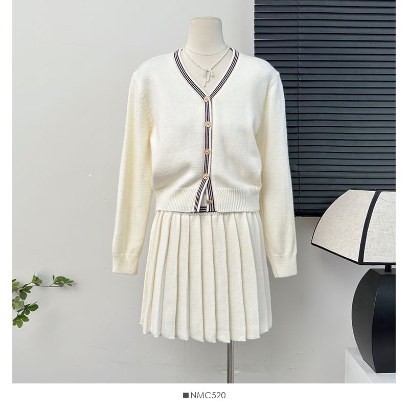 Set Striped V-Neck Crop Cardigan with Pleated A-Line Skirt