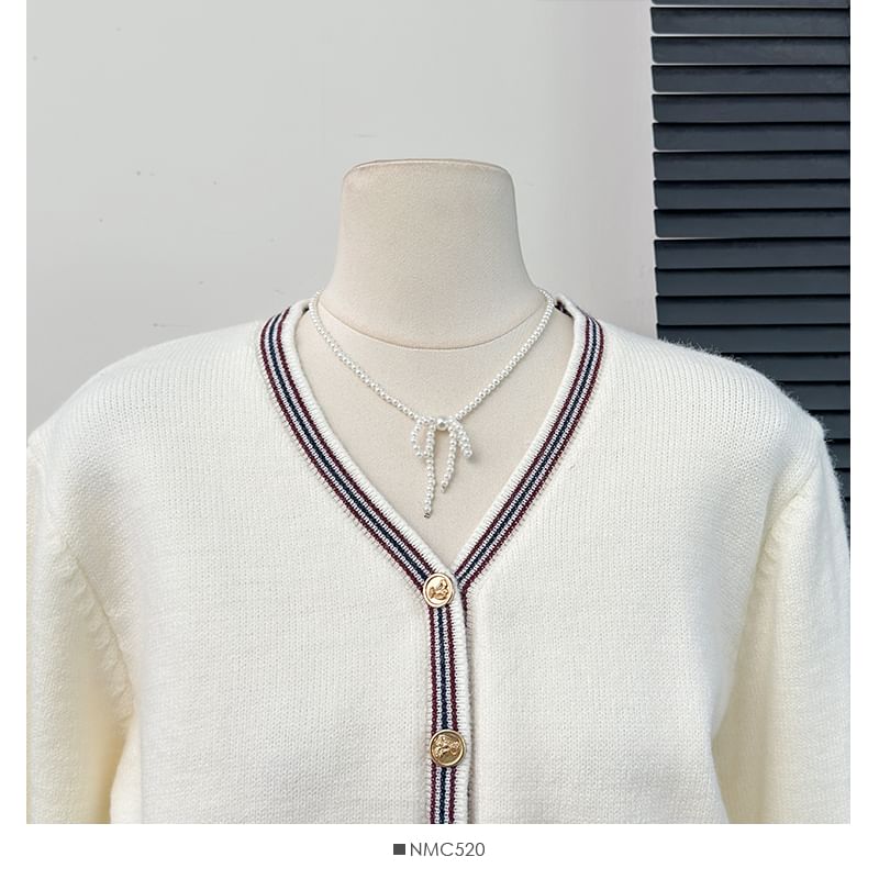 Set Striped V-Neck Crop Cardigan with Pleated A-Line Skirt