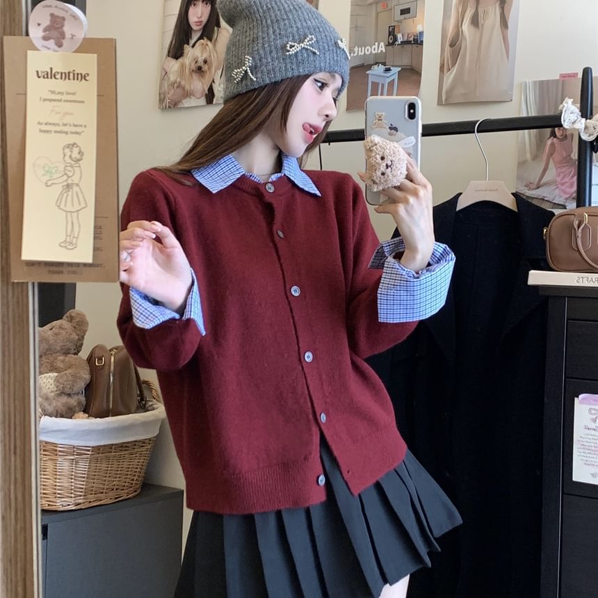 Mock Two Piece Plaid Collared Cardigan