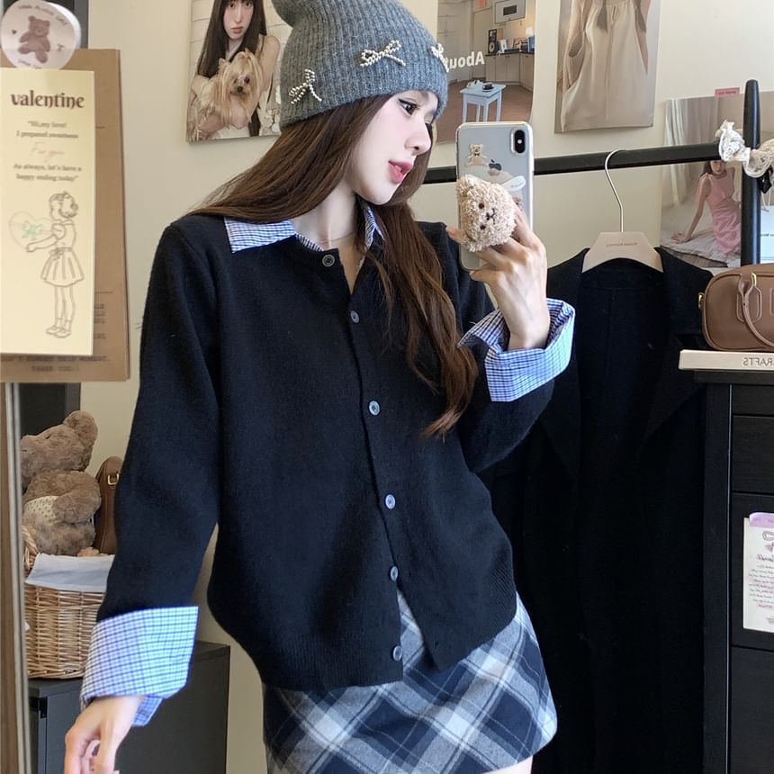 Mock Two Piece Plaid Collared Cardigan