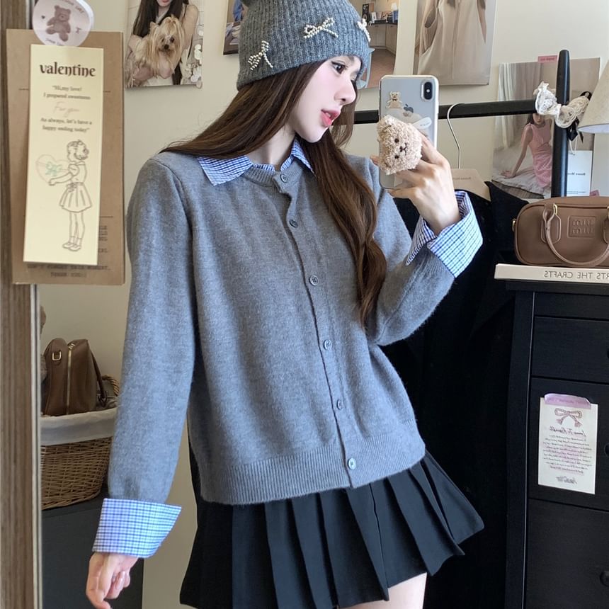 Mock Two Piece Plaid Collared Cardigan