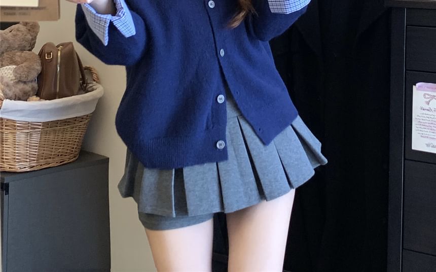 Mock Two Piece Plaid Collared Cardigan