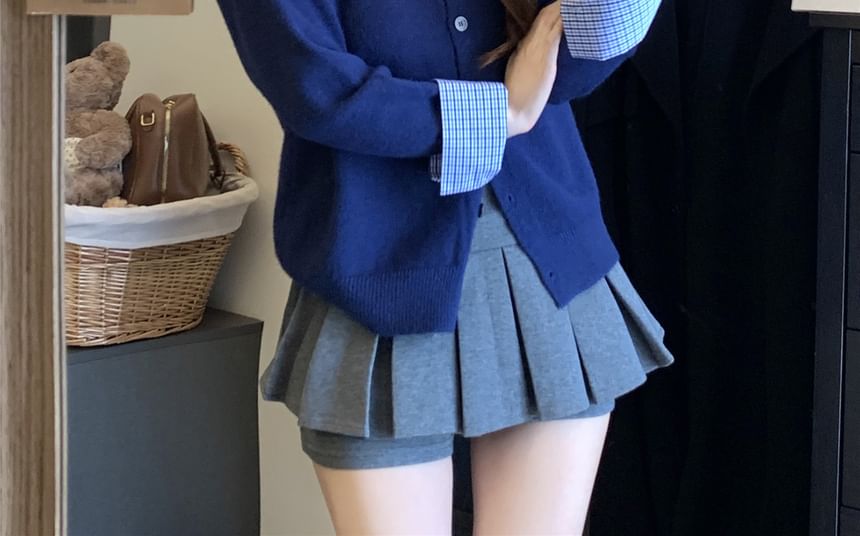 Mock Two Piece Plaid Collared Cardigan