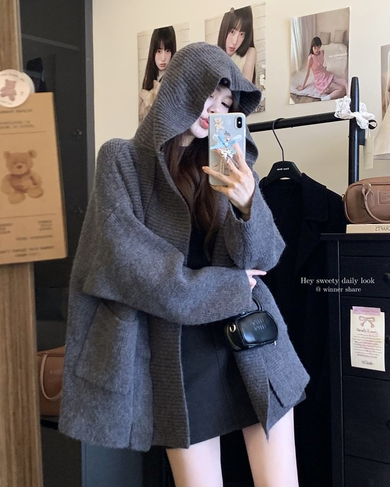 Basic Hooded Ribbed Cardigan