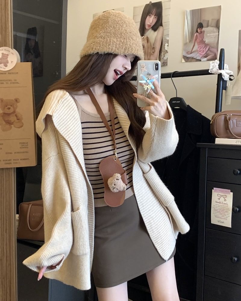 Basic Hooded Ribbed Cardigan