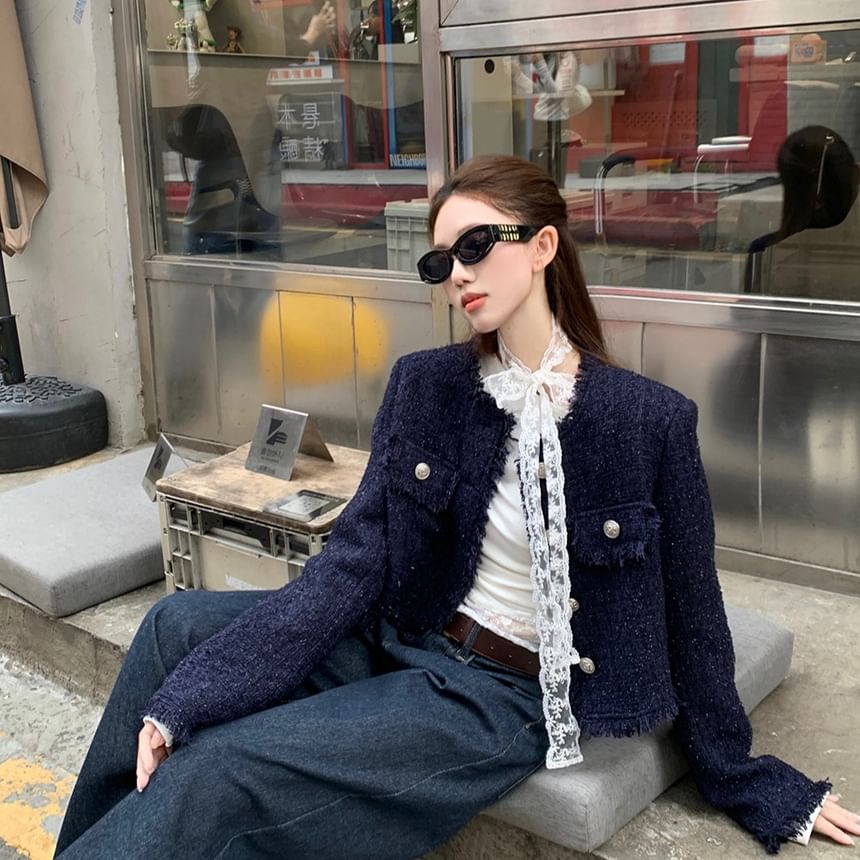 Boatneck Lace Tee with Tweed Jacket and Wide-Leg Jeans