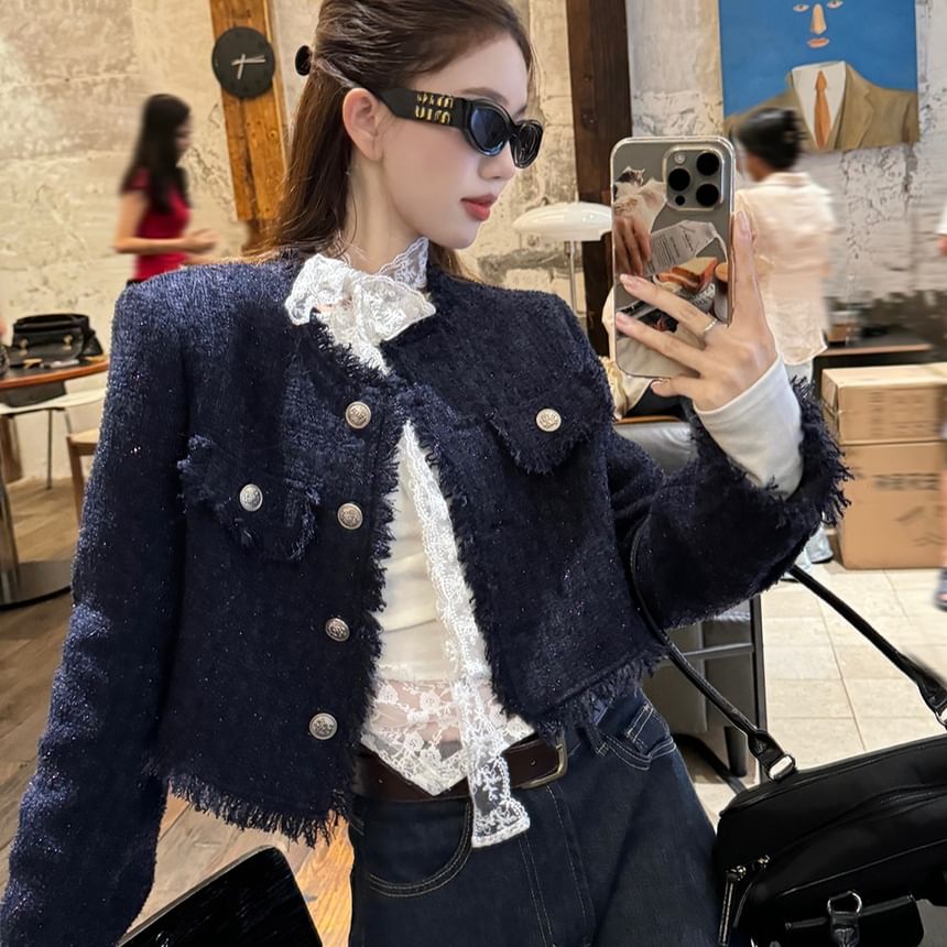 Boatneck Lace Tee with Tweed Jacket and Wide-Leg Jeans