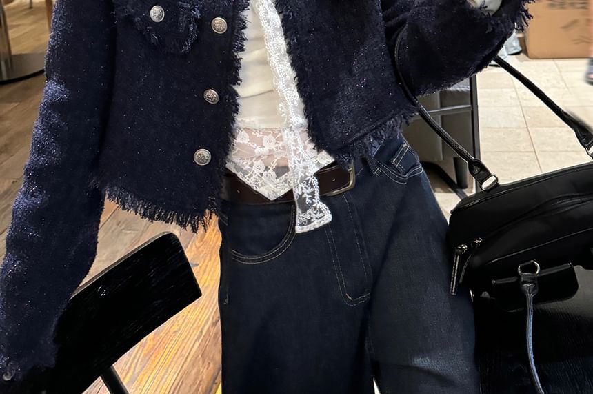 Boatneck Lace Tee with Tweed Jacket and Wide-Leg Jeans