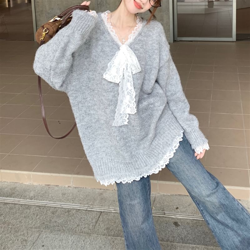 Mock Two-Piece Lace Panel V-Neck Sweater