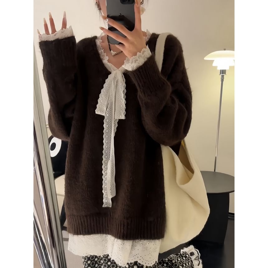 Mock Two-Piece Lace Panel V-Neck Sweater