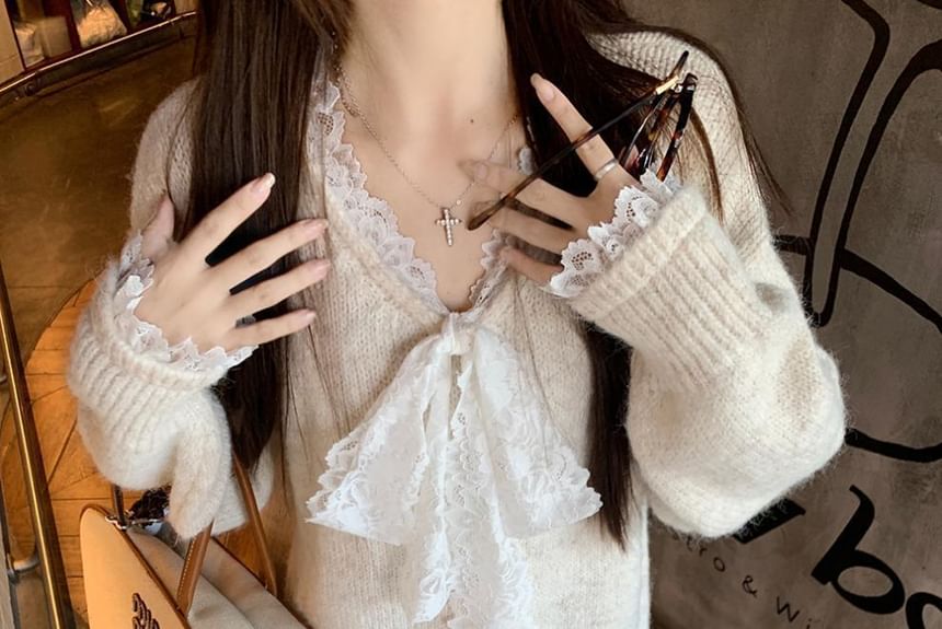 Mock Two-Piece Lace Panel V-Neck Sweater