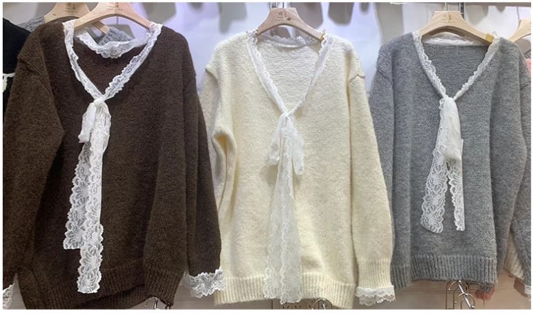 Mock Two-Piece Lace Panel V-Neck Sweater