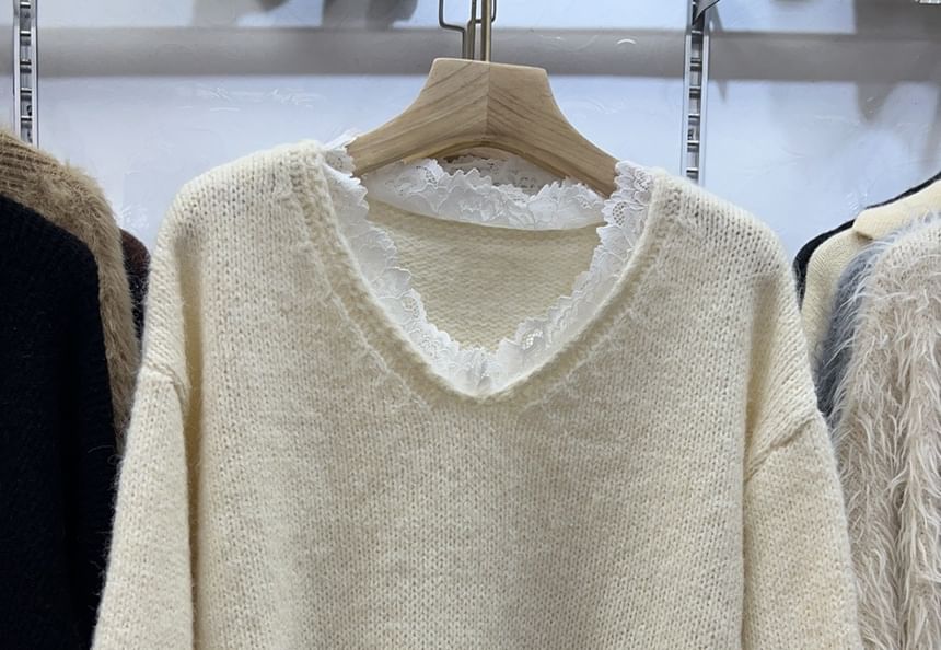 Mock Two-Piece Lace Panel V-Neck Sweater