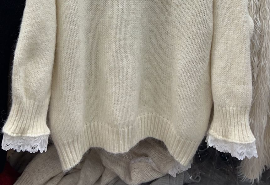 Mock Two-Piece Lace Panel V-Neck Sweater