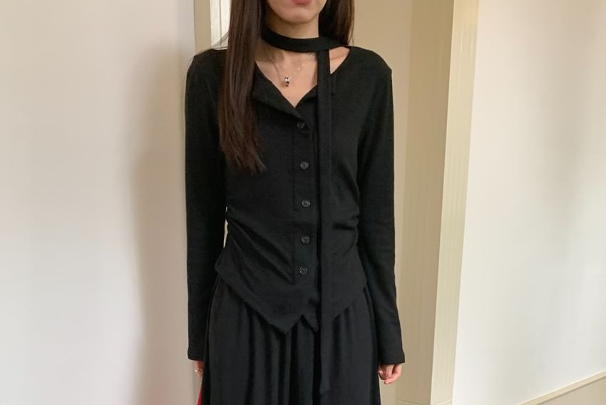 Set: Crew Neck Basic Button Cardigan + Maxi Skirt