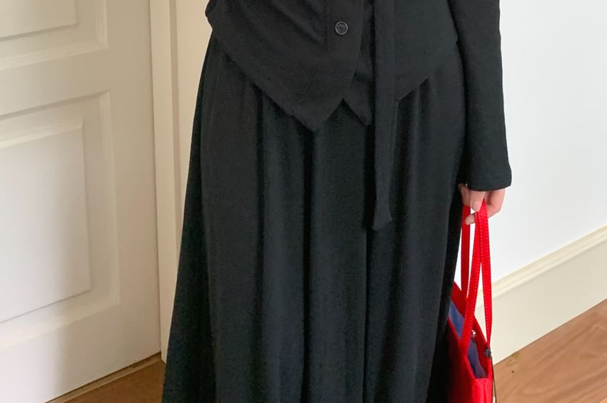 Set: Crew Neck Basic Button Cardigan + Maxi Skirt
