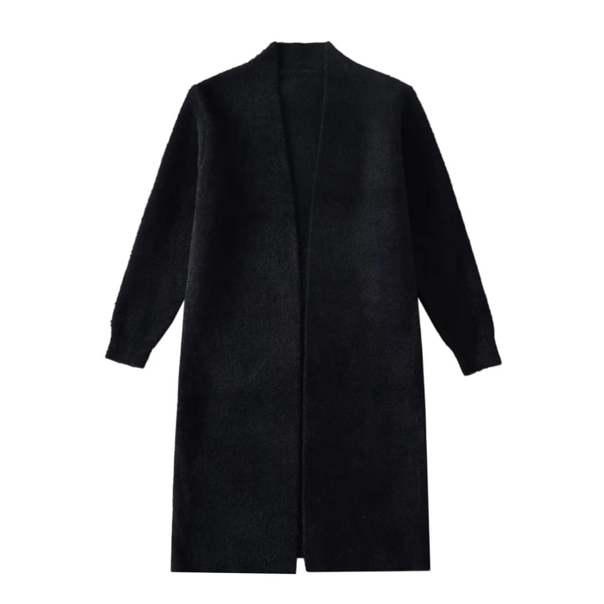 Solid Long Front Open Knit Cardigan