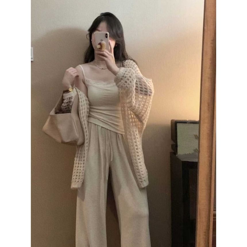 Open Front Perforated Plain Cardigan