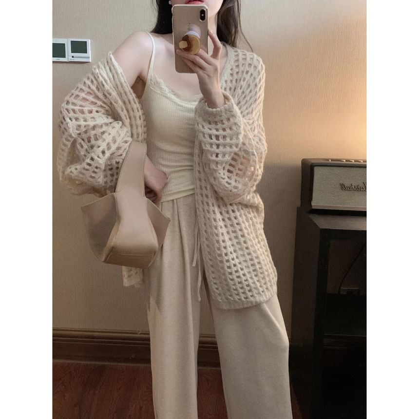 Open Front Perforated Plain Cardigan