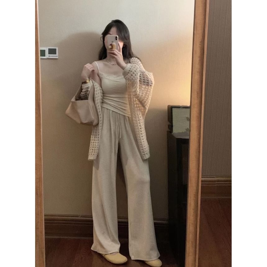 Open Front Perforated Plain Cardigan
