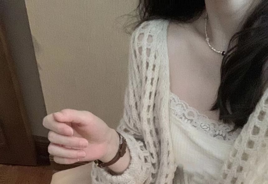 Open Front Perforated Plain Cardigan