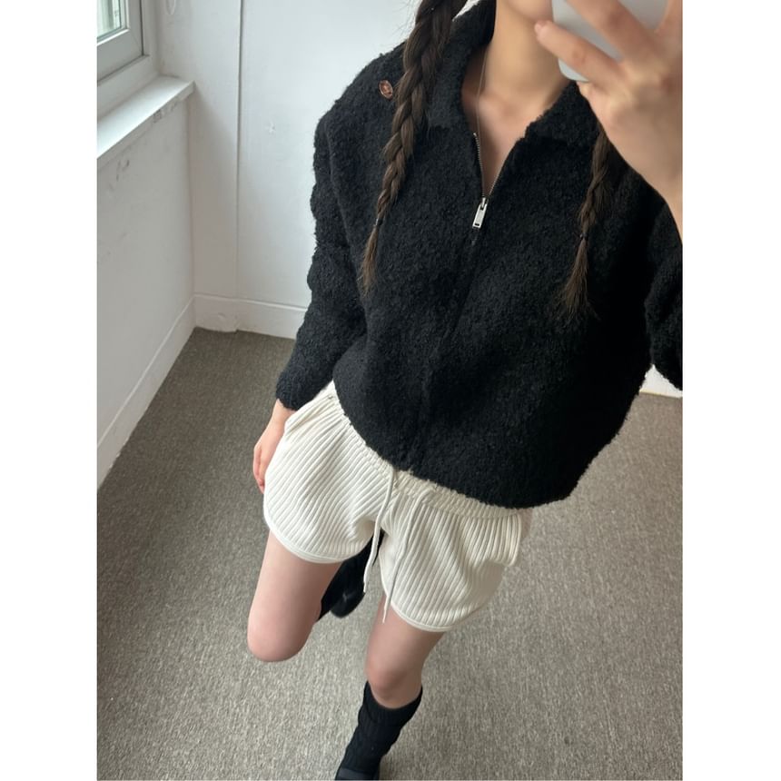 Cropped Zip-Up Collared Plain Cardigan