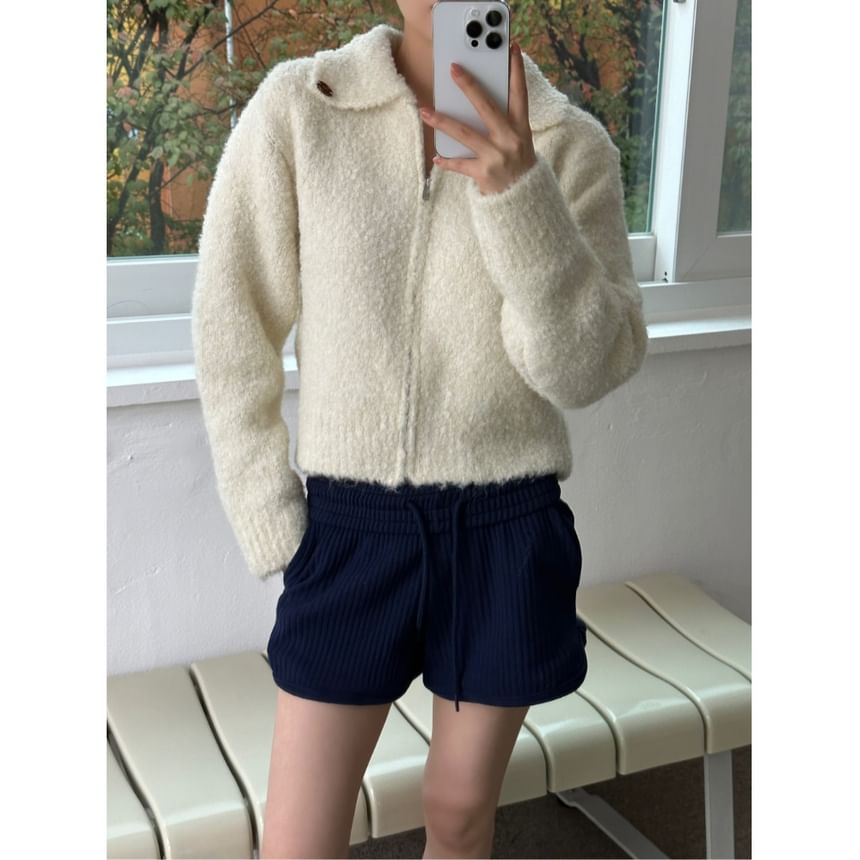 Cropped Zip-Up Collared Plain Cardigan