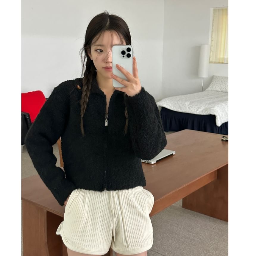 Cropped Zip-Up Collared Plain Cardigan