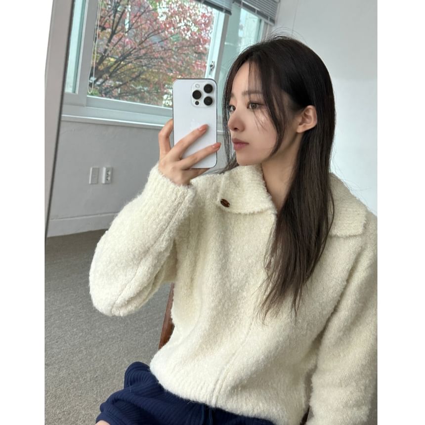 Cropped Zip-Up Collared Plain Cardigan