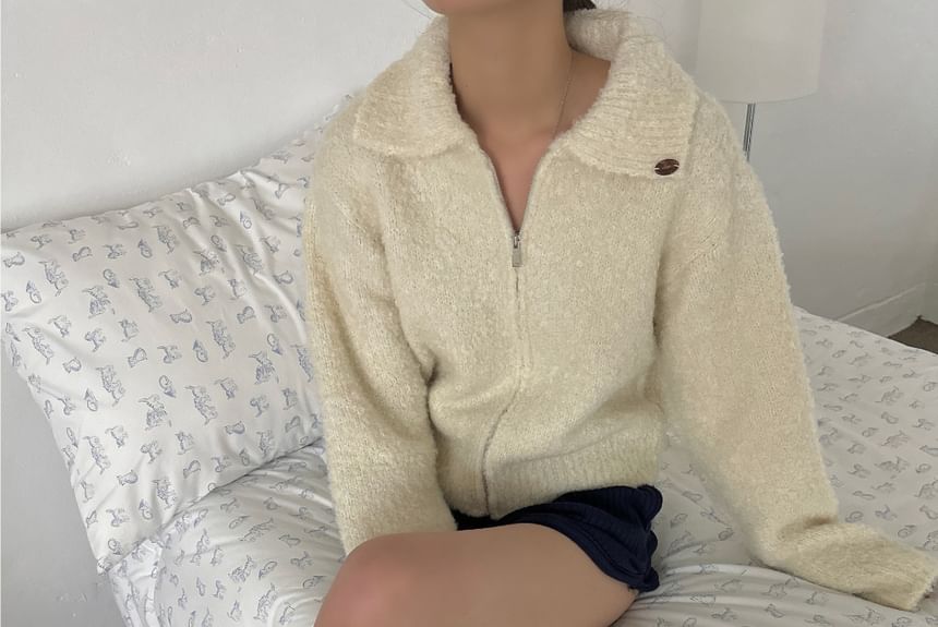 Cropped Zip-Up Collared Plain Cardigan