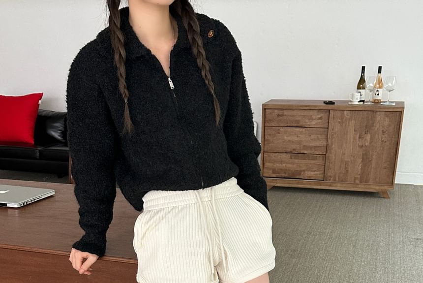 Cropped Zip-Up Collared Plain Cardigan