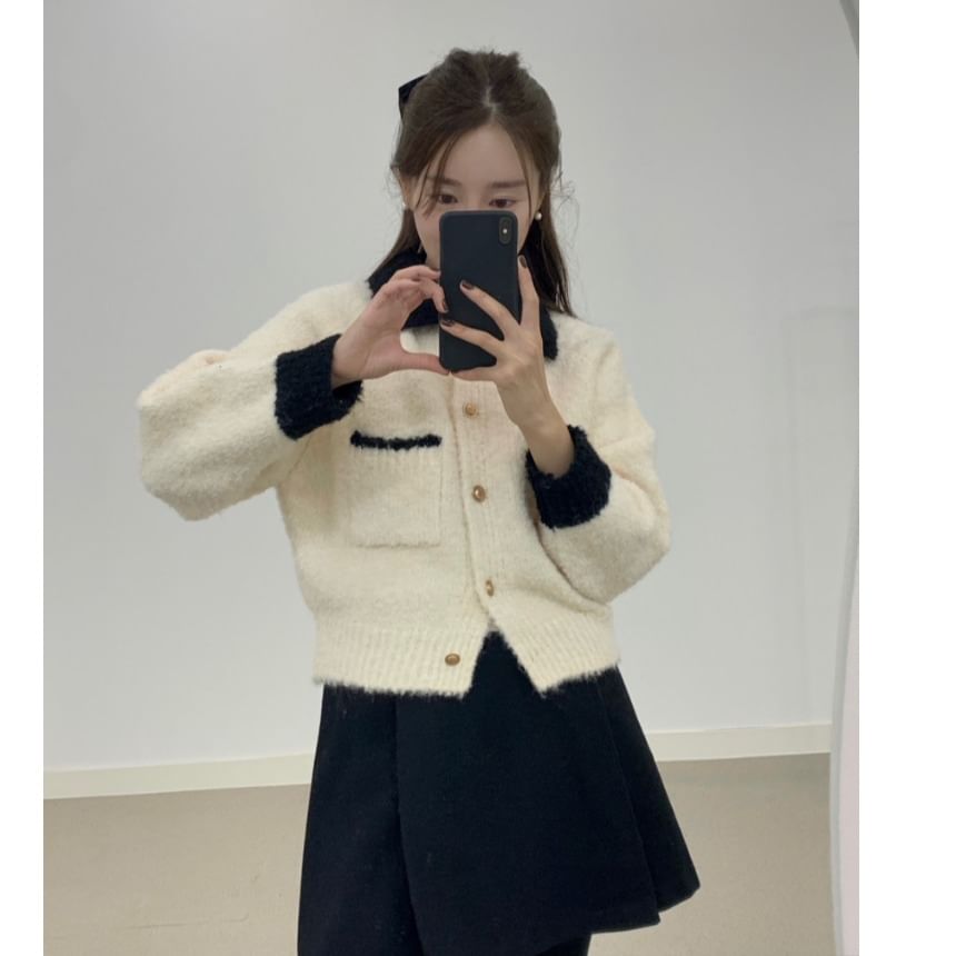 Contrast Trim Button-Up Collared Cardigan
