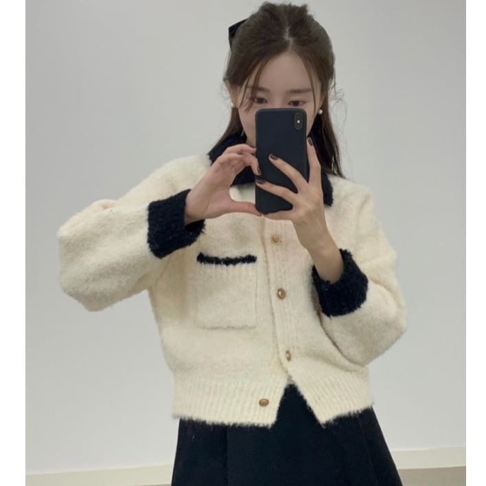 Contrast Trim Button-Up Collared Cardigan