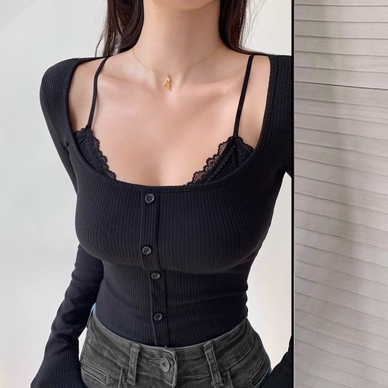 Scoop Neck Lace-Trimmed Tee with Long Sleeves