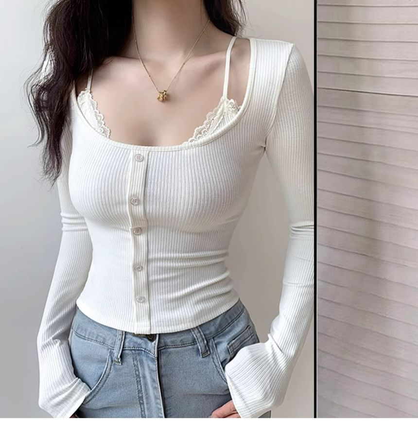 Scoop Neck Lace-Trimmed Tee with Long Sleeves